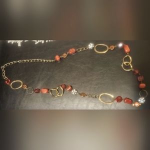 Long Pewter dark orange/red bead necklace with rhinestone bead accents LIKE NEW!